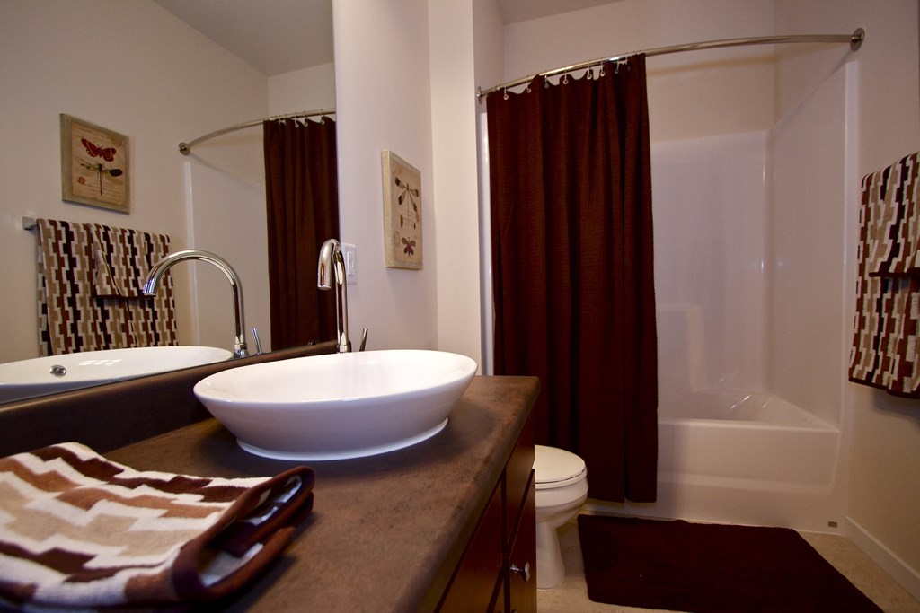 a bathroom with a sink and a shower and a toilet  at Aventura at Richmond, St. Peters, MO